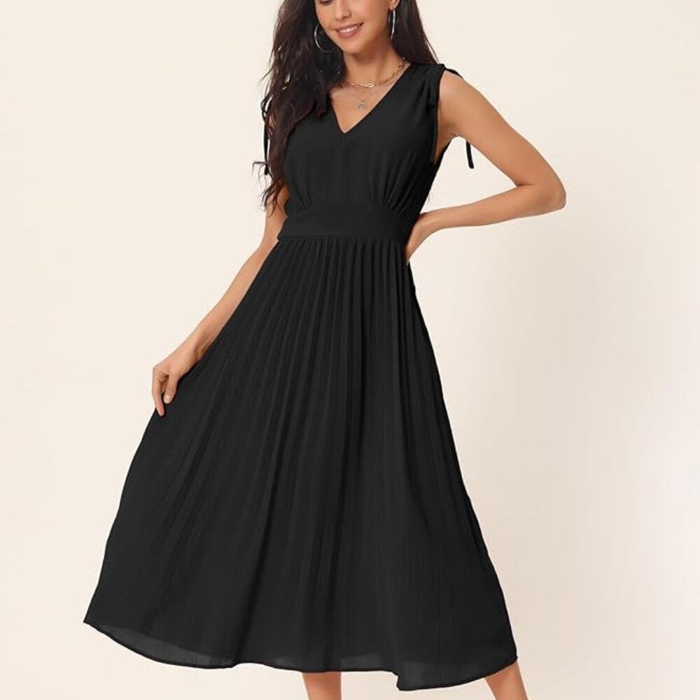 Casual Sleeveless High Waist V Neck Flowy Pleated Midi Dress Black